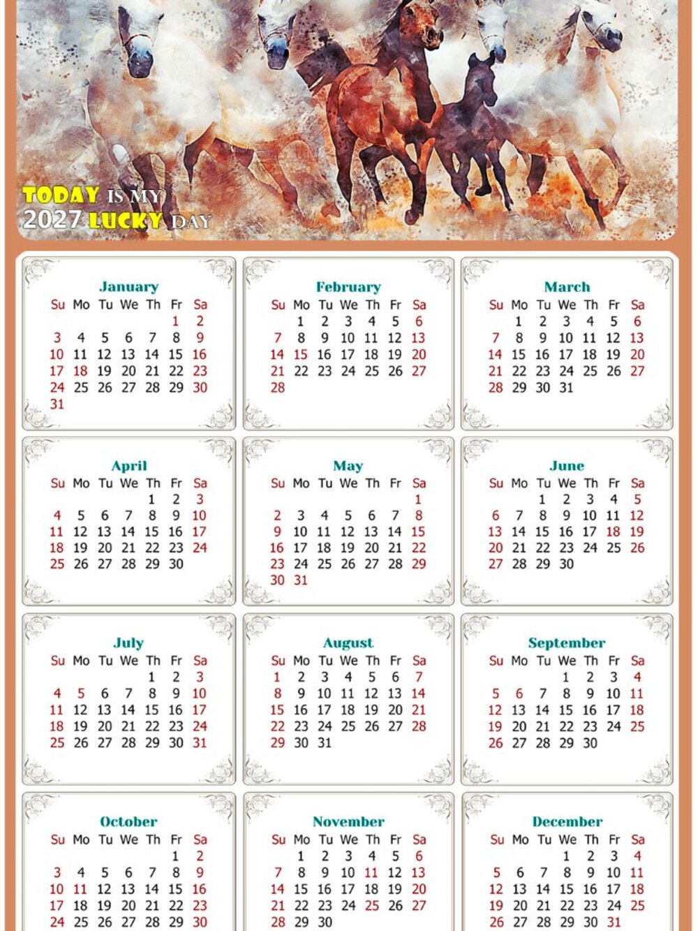 2027 Magnetic Calendar - Today is my Lucky Day - Horses Themed 09 (5.25 x 8)